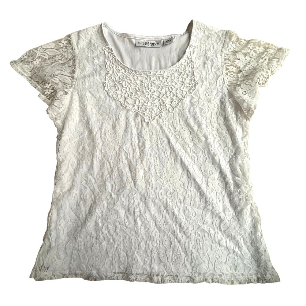 White lace overlay tee shirt top size L Sag Harbor casual ruffled cap sleeves